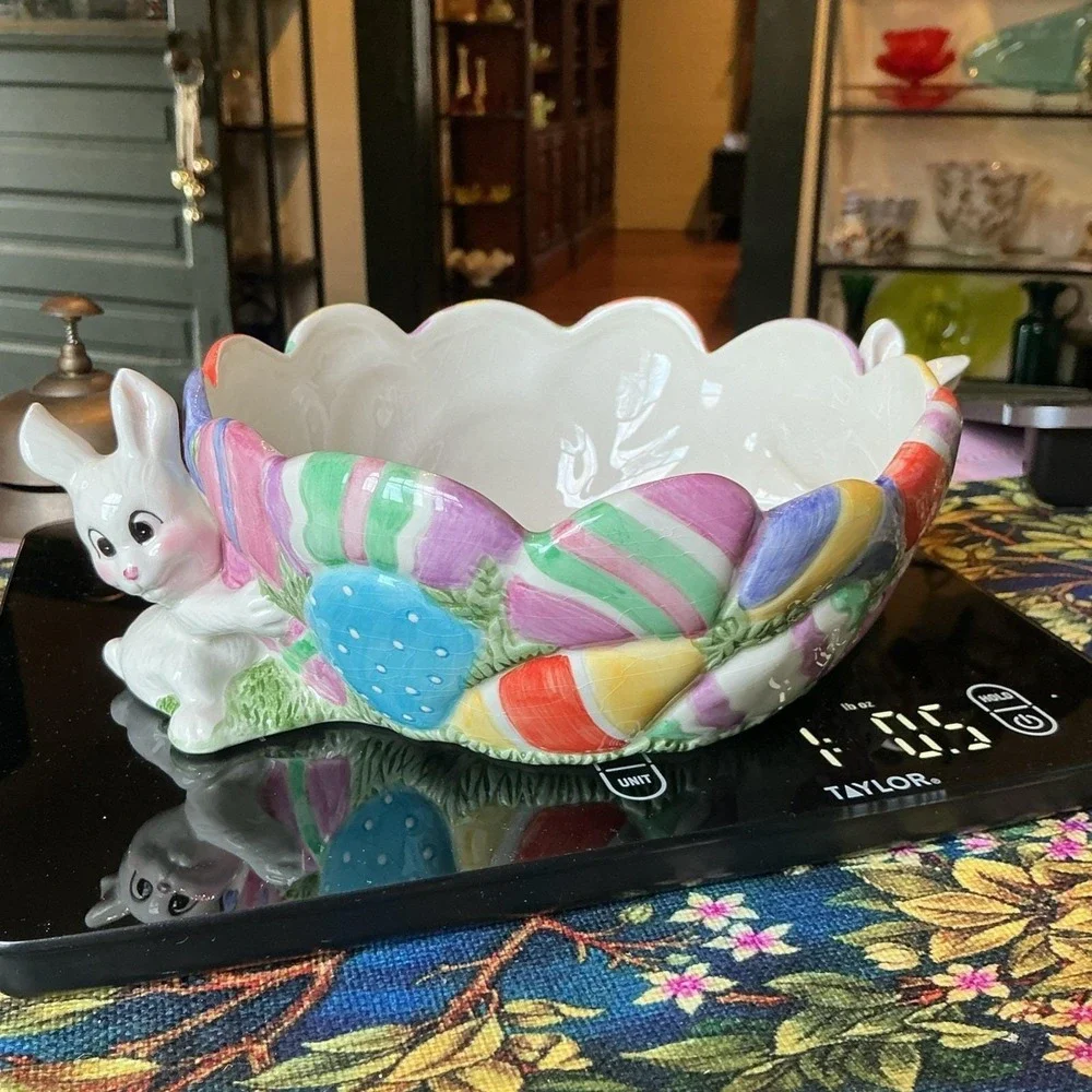 Vintage Fitz And Floyd Gathering‎ Eggs Easter Candy Bowl 2 Bunny Rabbits